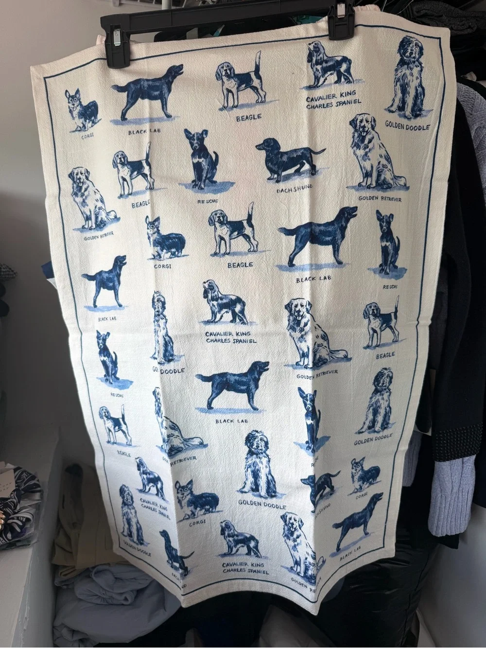 Anthropologie Blue and White Dog Breed Print Tea Towel NWT